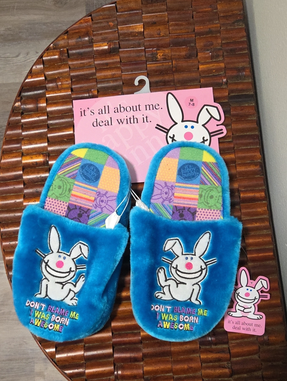 Happy Bunny Plush Blue Patchwork Slippers